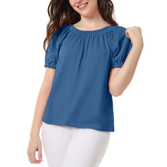 Jones New York Petite Embroidered-Sleeve Smocked-Neck Top, Blue Lagoon, PXL - Picture 1 of 2